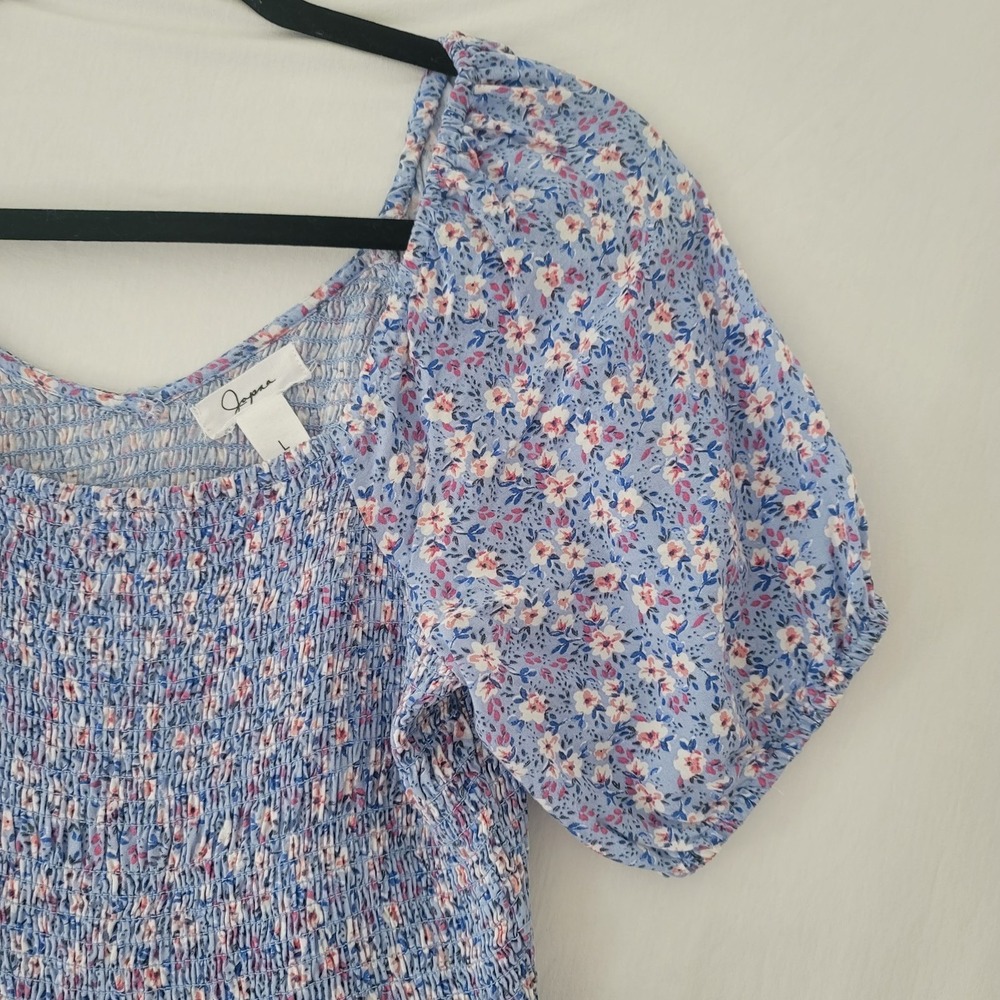 Japna Dress Womens L Blue Floral Puff Sleeve Smocked Boho‎ Ruffle Y2K Milkmaid